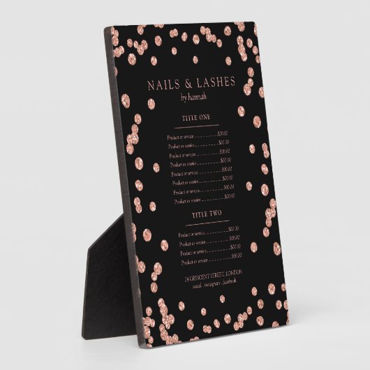 Simple Roos Gold Glitter Confetti Price Menu Black Fotoplaat (Zijkant)
