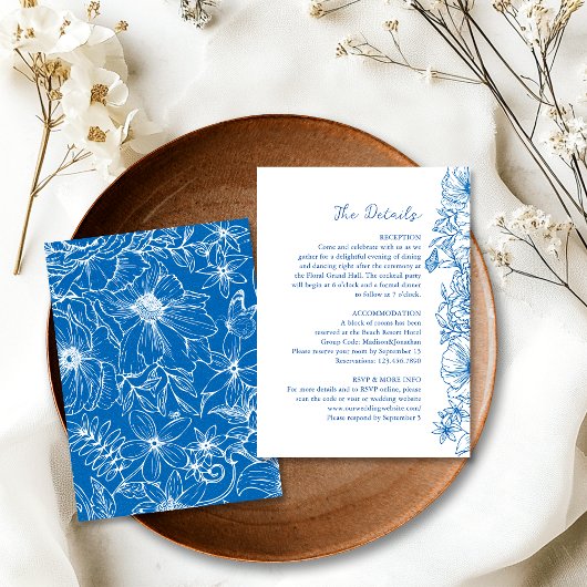 Simple Royal Blue Floral Garden Wedding Details Informatiekaartje