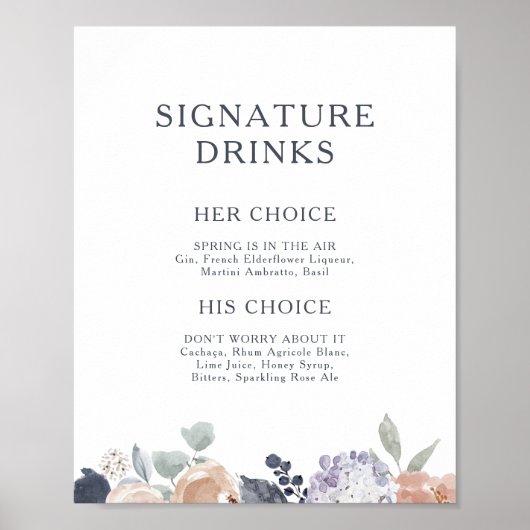 Simple Rustic Floral Signature Drinks Sign Poster (Voorkant)