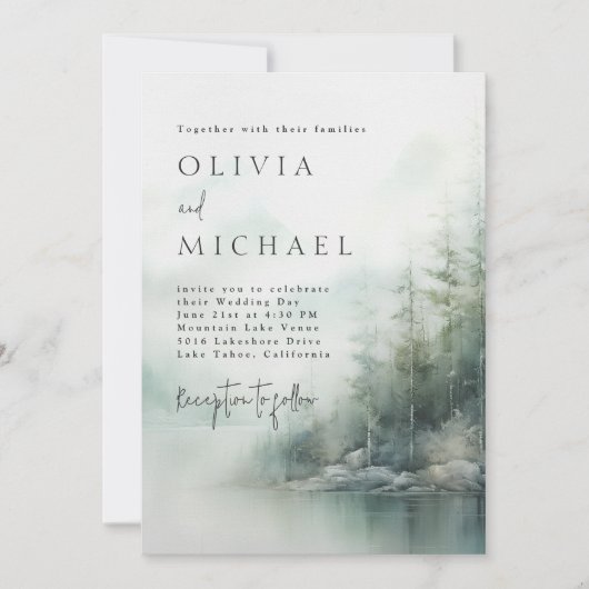 Simple Rustic Mountain Lake Misty Pines Wedding Kaart (Voorkant)