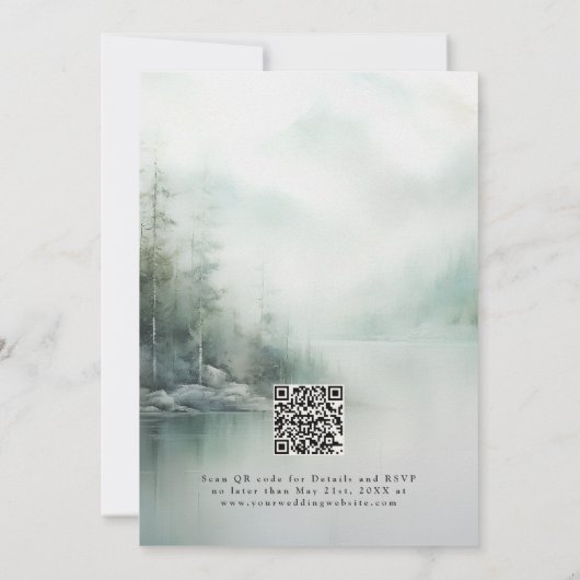 Simple Rustic Mountain Lake Misty Pines Wedding Kaart (Achterkant)