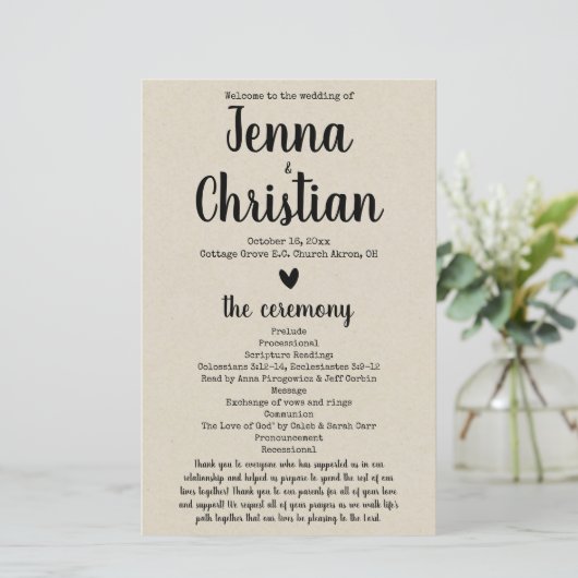 Simple Rustic Wedding Program (Staand voorkant)