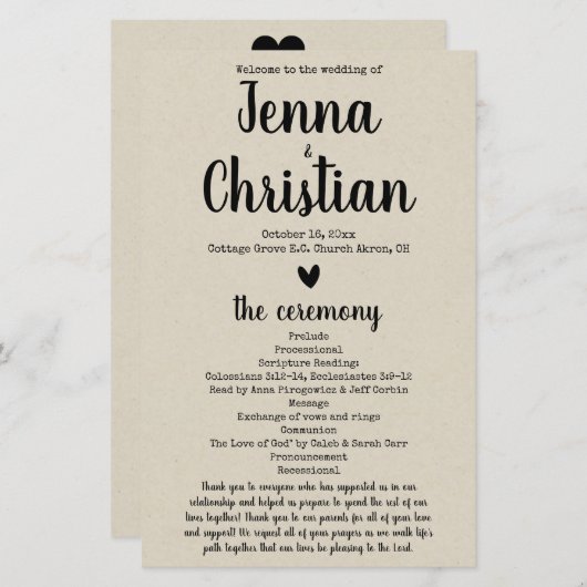 Simple Rustic Wedding Program (Voorkant / Achterkant)