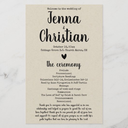 Simple Rustic Wedding Program (Voorkant)