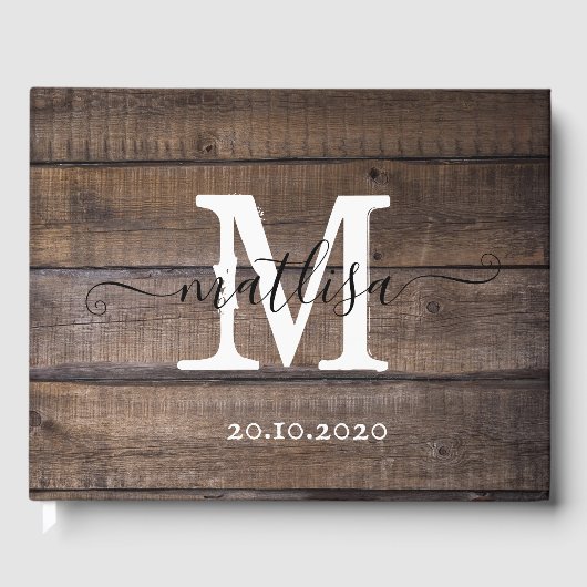 Simple Rustic Wood Monogram Script-Initiaal Gastenboek (Voorkant)