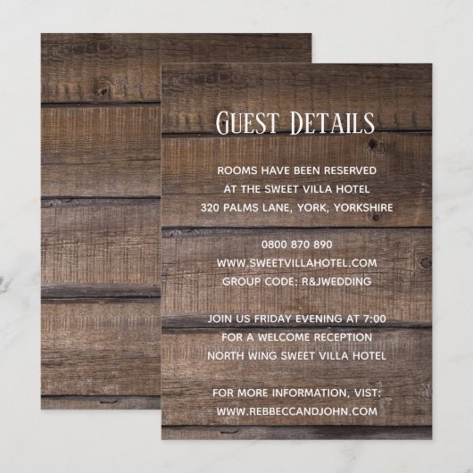 Simple Rustic Wood Wedding Guest — Details-kaart Informatiekaartje (Voorkant / Achterkant)