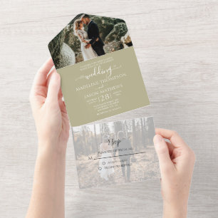 Simple Sage Green 2 Photo RSVP Wedding All In One Uitnodiging
