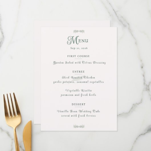 Simple Sage Green Botanical Minimalist Wedding Menu (Voorkant / Achterkant in situ)