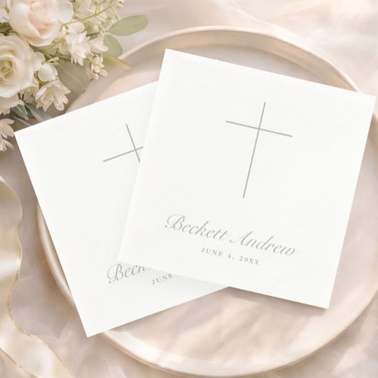 Simple Sage Green Cross Script Baptism Servet