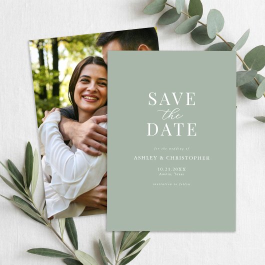 Simple Sage Green Elegant Photo Wedding Save The Date