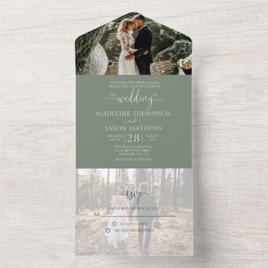 Simple Sage Green Greenery 2 Foto RSVP Wedding All In One Uitnodiging (Binnen)