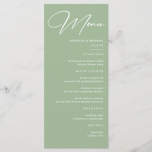Simple Sage Green Wedding Menu (Voorkant)