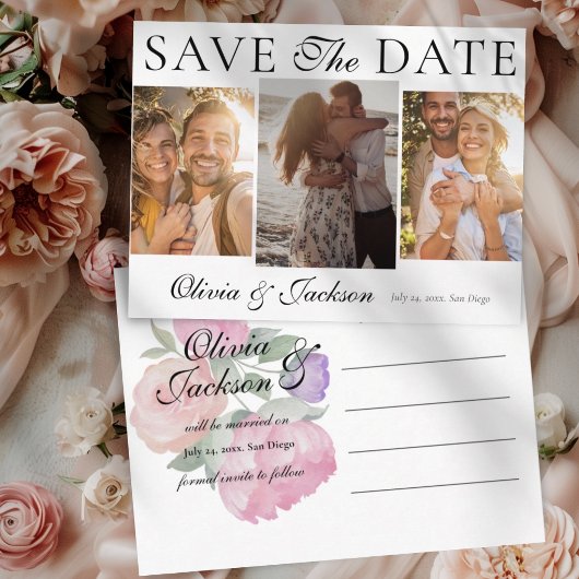 Simple Save the Date 3 Photo & Floral Wedding Aankondigingskaart