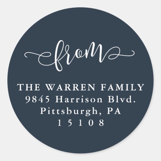 Simple save the date navy return address ronde sticker (Voorkant)