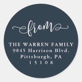 Simple save the date navy return address ronde sticker
