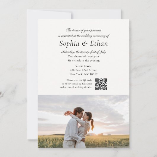 Simple Script 2 Photo QR Code Off White Wedding Kaart (Voorkant)