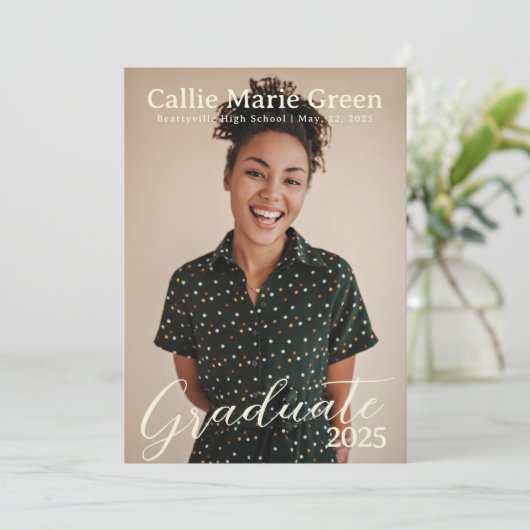 Simple Script Afstuderen Photo Announcement Kaart (Staand voorkant)