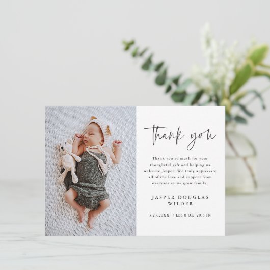Simple Script Baby Photo Bedankkaart (Staand voorkant)