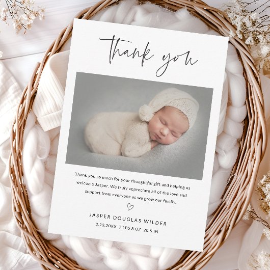 Simple Script Black and White Baby Photo Bedankkaart