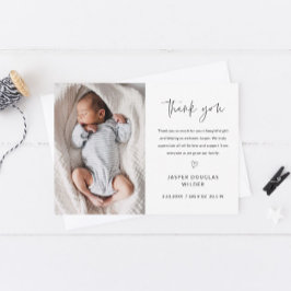 Simple Script Black and White Baby Photo Bedankkaart
