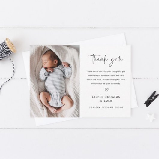 Simple Script Black and White Baby Photo Bedankkaart