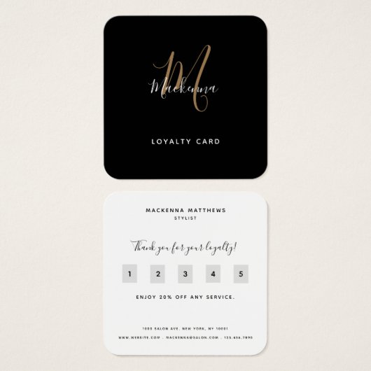 Simple Script Black- en Gold Monogram Loyalty-kaar Vierkante Visitekaartjes (Voorkant /achterkant)