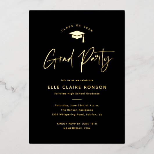 Simple Script Black & Gold Photo-Afstuderen Folie Uitnodiging (Voorkant)