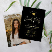 Simple Script Black & Gold Photo-Afstuderen Folie Uitnodiging