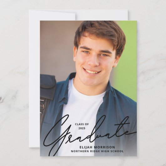 Simple Script Black Overlay Photo Graduparty Kaart (Voorkant)