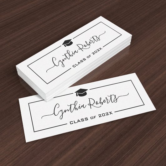 Simple Script Black White Graduation Insert Card Mini Visitekaartje
