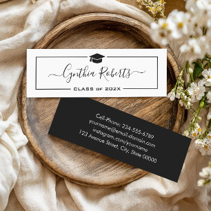 Simple Script Black White Graduation Insert Card Mini Visitekaartje