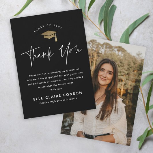 Simple Script Black & White Photo Afstuderen Bedankkaart