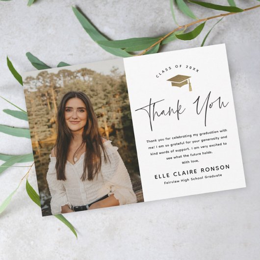 Simple Script Black & White Photo Afstuderen Bedankkaart