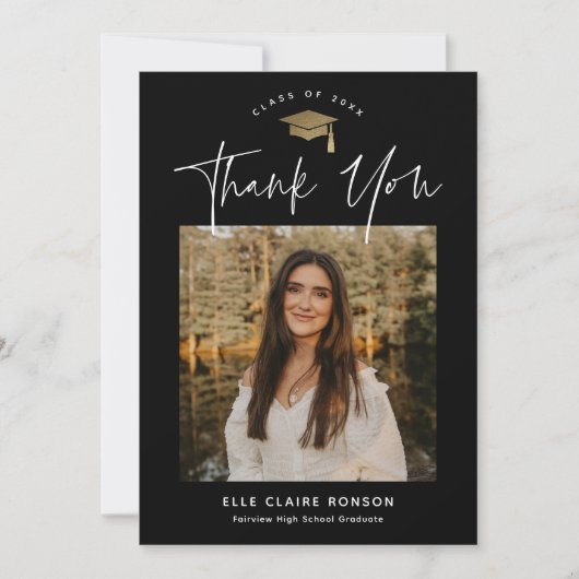 Simple Script Black & White Photo Afstuderen Bedankkaart (Voorkant)