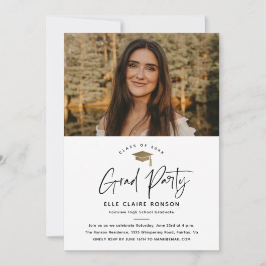 Simple Script Black & White Photo Graduparty Kaart (Voorkant)