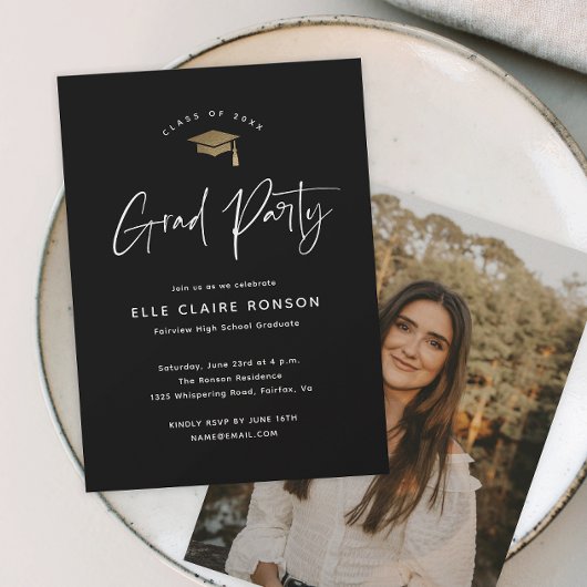Simple Script Black & White Photo Graduparty Kaart