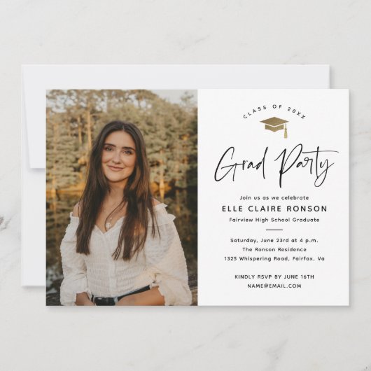 Simple Script Black & White Photo Graduparty Kaart (Voorkant)