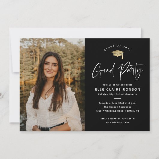 Simple Script Black & White Photo Graduparty Kaart (Voorkant)