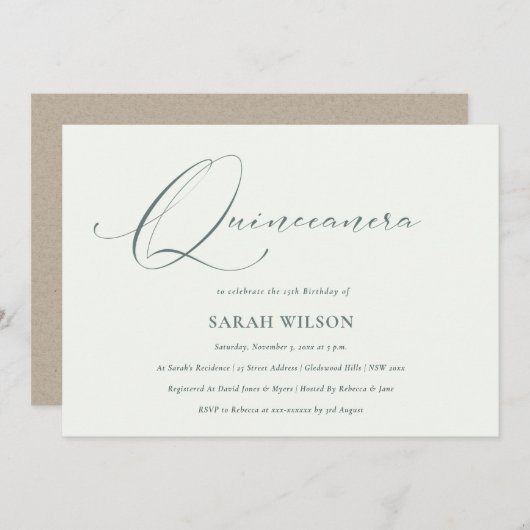 Simple Script Black White Quinceañera Invite Bedankkaart (Voorkant / Achterkant)