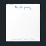 Simple Script Bright Blue Family Notitieblok<br><div class="desc">Notitieblok van het gezin - Ideaal voor dagelijkse notities en lijsten. Aangepast met de achternaam van je familie bovenaan en afgewerkt met de voornamen van je familielid onderaan. De kleur kan gemakkelijk worden veranderd.</div>