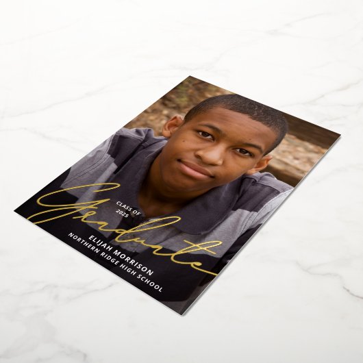 Simple Script Gold Foil Photo Graduparty Folie Uitnodiging (Gedraaid)