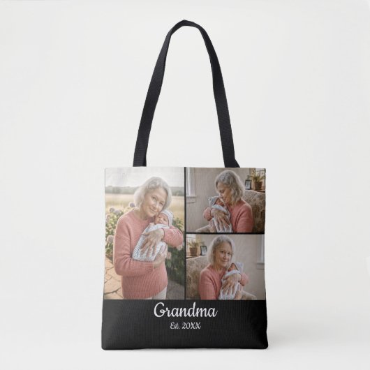 Simple Script Grandma Est. 3 Photo Year Tote Bag (Voorkant)