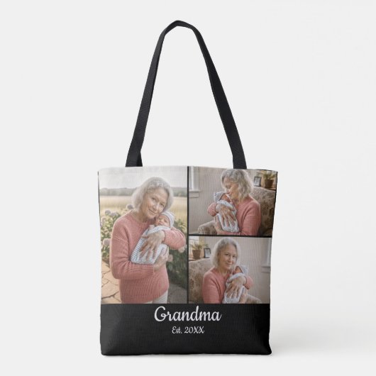 Simple Script Grandma Est. 3 Photo Year Tote Bag (Achterkant)