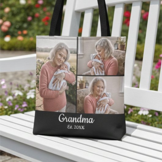 Simple Script Grandma Est. 3 Photo Year Tote Bag