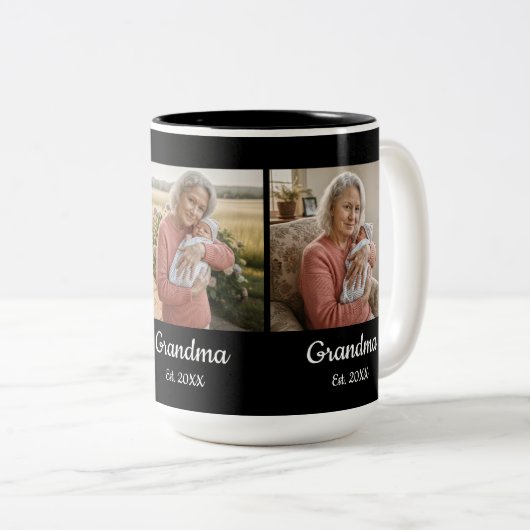 Simple Script Grandma Est. 3 Photo Year Tweekleurige Koffiemok (Voorkant rechts)
