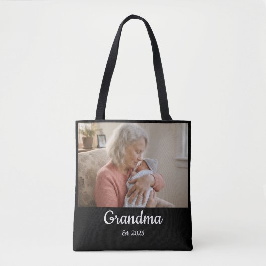 Simple Script Grandma Est. Photo Year Black Tote Bag (Voorkant)