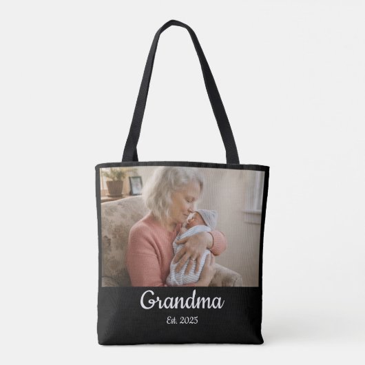 Simple Script Grandma Est. Photo Year Black Tote Bag (Achterkant)