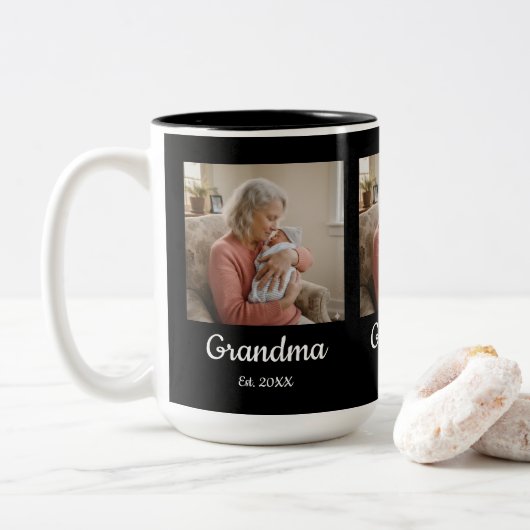Simple Script Grandma Est.Photo Year Black Tweekleurige Koffiemok (Met donut)