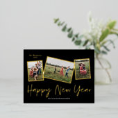 Simple Script Happy Nieuwjaar 3 Foto Collage Gold Folie Feestdagen Briefkaart (Staand Voorkant)