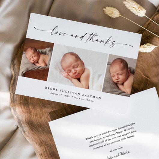 Simple Script Love and Thanks Photo Collage Baby Bedankkaart